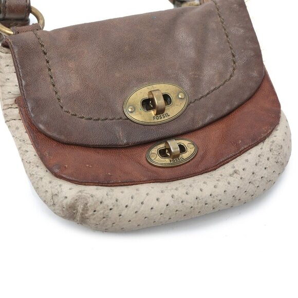 FOSSIL Mason Leather Crossbody Bag Two Tone Sling Purse Bag Brown Cream Small - Picture 11 of 16